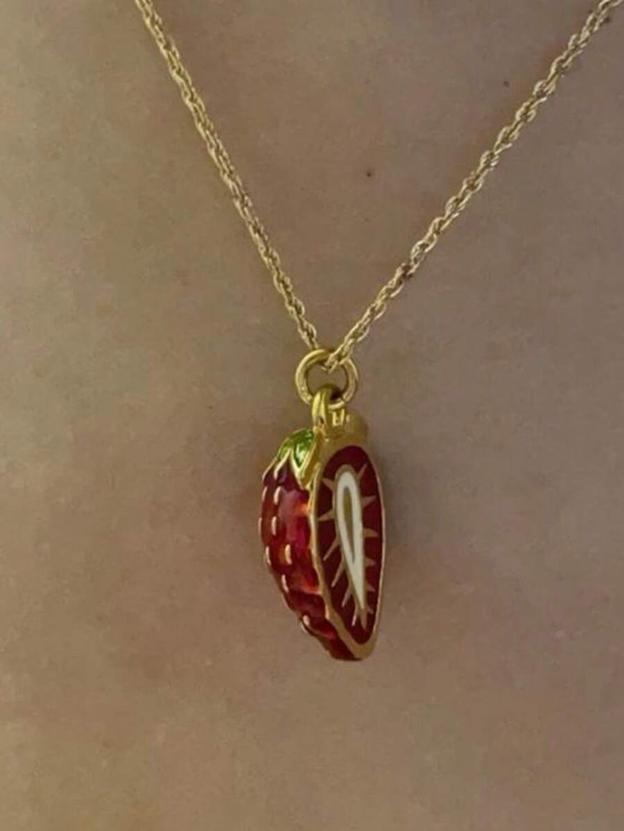 1 件镀金半草莓项链，适合夏季女孩的草莓珠宝项链，适合女性的草莓礼物，迷人项链 - 紅色 - 查看 1