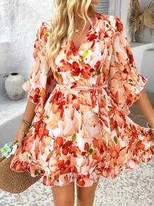 PoPoHouse Women's Summer Dress Breathable Comfortable And Lightweight With Printed Ruffled Flared Sleeves And A Waistband Design Suitable For Daily Commuting Wear On Vacation Elegant And Fashionable Dress, Sprin/Summer Dresses For Women, Beach Vacation Dress - Orange - View 5