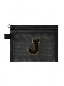 Black Mesh Bag, Large Capacity With Name Initials, Towel Embroidered Letters A-Z, Transparent Mesh Cosmetic Storage Bag, Multi-Functional Travel Portable Bag, Lipstick Skincare Product Storage Washing And Makeup Bag, Student Stationery Bag, Mesh Zipper Bag, Travel Cosmetic Packaging Storage Bag, Simple And High-End, Accessory Storage, Suitable For Dormitory Storage, Travel, Business Trip, Swimming, Home Storage Make Up Bag - Black - View 28
