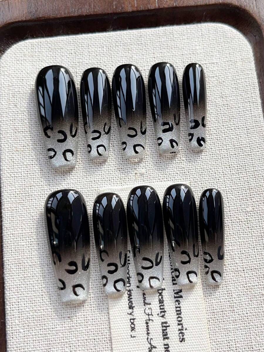 10片手工可佩戴美甲假指甲，手绘豹纹猫眼按压式美甲贴片，中渐变猫眼美甲贴片，按压式美甲贴片，简约设计美甲贴片，全覆盖假指甲贴片，Y2K风格美甲贴片，独特创意假指甲贴片，促销日常美甲贴片，可重复使用，适合女性日常佩戴，也可用于派对和晚宴，可重复使用的美甲用品，手工按压式美甲贴片