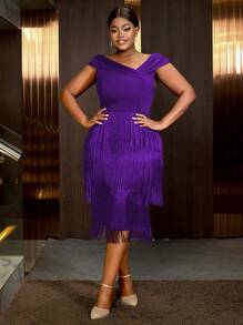 约会之夜紫色修身斜领分层流苏无袖流苏连衣裙，适合生日节日派对加大码流苏服装，适合鸡尾酒会 - 紫色 - 查看 4