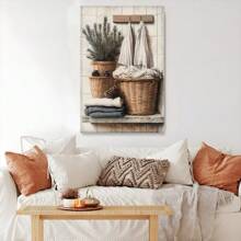 1 Pc Framed Laundry Room Decor, Laundry Baskets, Vintage Country Print Wall Art Textured Canvas Poster Painting Wall Decor For Bedroom Living Room, Ready To Hang