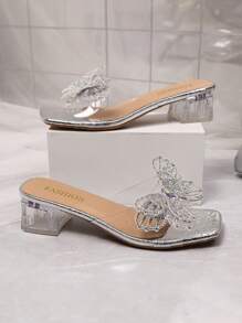 1 par de sandalias tipo slip-on de moda para adolescentes talla grande, con correa de PU de patrón de serpiente plateado, punta cuadrada, tacón grueso transparente de cristal, elegantes y lujosas sandalias de plataforma, aptas para uso casual, fiesta, viaje, primavera/verano