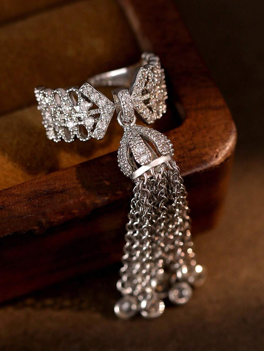 1 chiếc nhẫn đính hôn Cubic Zirconia tua rua dài tuyệt đẹp dành cho phụ nữ Nhẫn cưới có thể mở được của Nữ hoàng dành cho tiệc kỷ niệm Quà tặng trang sức - Bạc - Xem 1