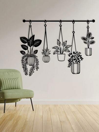 1pc Black Metal Wall Art With Hanging Planter Design - Modern Minimalist Wall Decor For Living Room, Patio, Garden