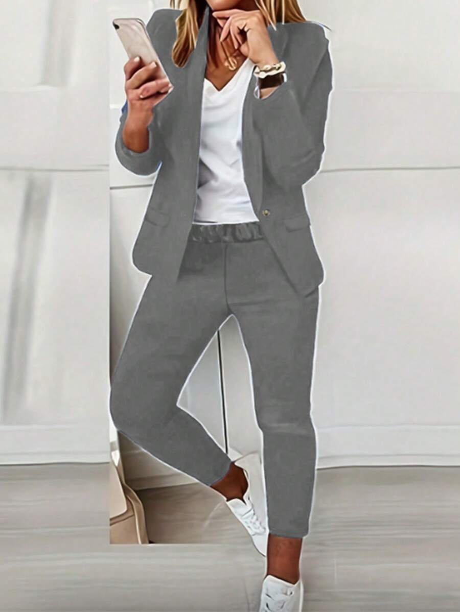 Women Solid Color Long Sleeve Casual Suit Jacket And Pants Set - Grey - View 1