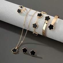 Set de 6 piezas de joyería para mujer con trébol de cuatro hojas de la suerte: Collar + Aretes + Anillo + Pulsera + Brazalete, diseño minimalista y elegante de aleación, para cumpleaños, Navidad, celebraciones y accesorios de moda