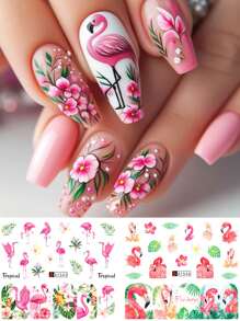 12 pièces d'autocollants pour ongles avec flamants roses, fleurs, feuilles, plumes, jungle tropicale, palmiers, oiseaux et animaux. Décalcomanies d'été pour piscine, fête. Décoration d'ongles par transfert d'eau (sans viscosité)