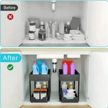 1pc 25 Styles Kitchen Sink Organizer Rack, Pull-Out Sink Storage Rack, Bathroom Shelf With 5 Hooks, 2 Baskets And Double-Deck Cabinet Shelf, Minimalist Storage Rack/Drawer Rack, Multi-Function Storage Shelf - Black - View 7