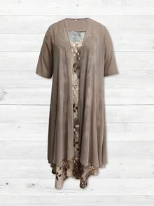 Spring/Summer Plus Size Women's Elegant Floral Print Sleeveless V-Neck Dress With 3/4 Sleeve Sheer Cardigan Two Pieces Set, Perfect For Romantic Weddings, New Year Outfits, Suitable For Casual Outings, Coffee Dates