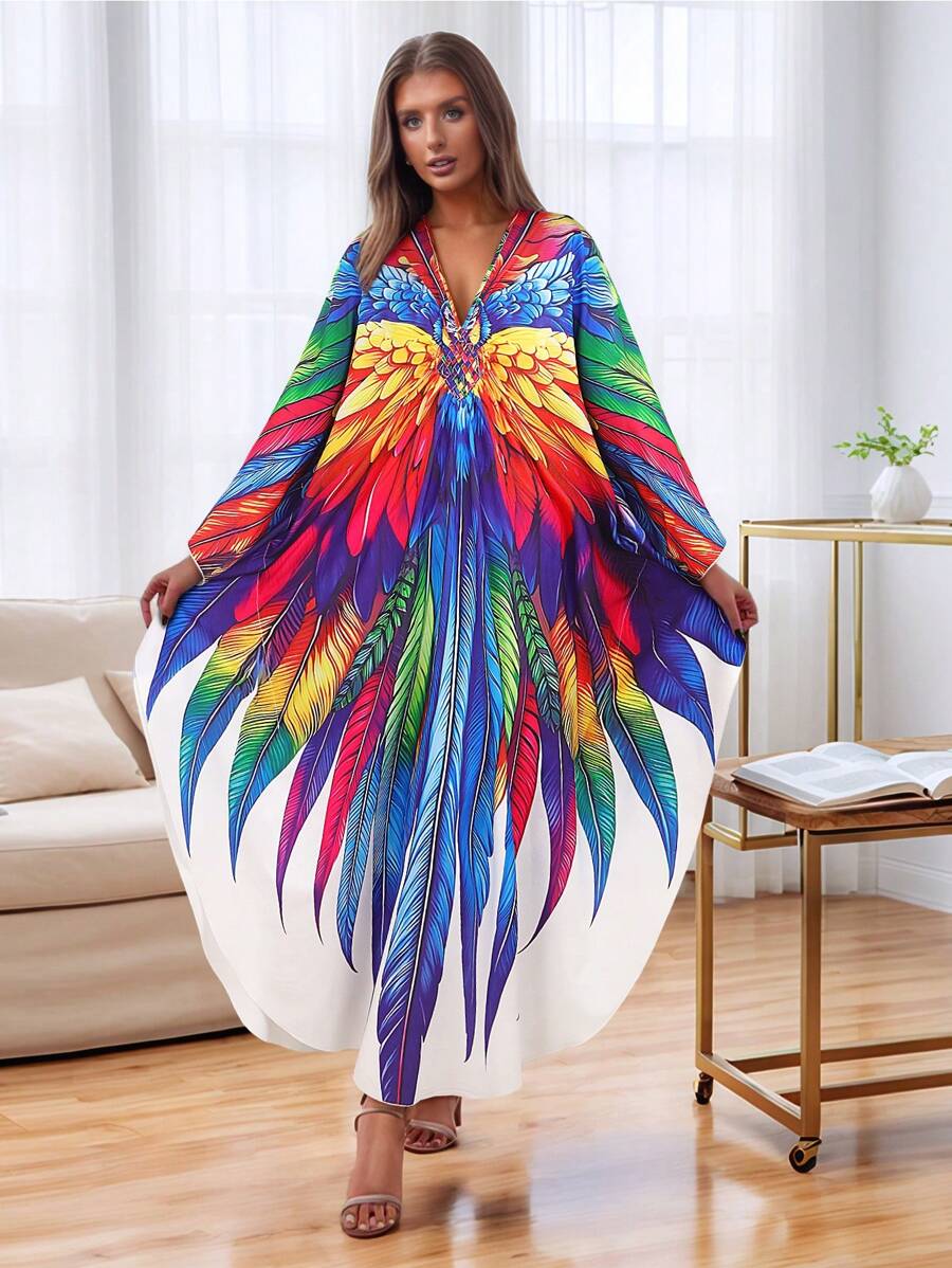 Plus Size Parrot Print Kaftan Dress Women Spring Vacation Beach Outfits - Multicolor - View 1