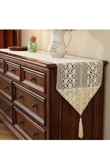 1pc American Country Style Handmade Lace Tassel Table Runner, Decorative For Kitchen, Wedding, Party, Living Room, Dresser