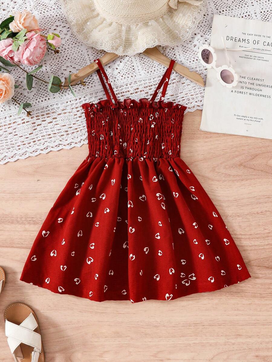 BASUSARRI Young Girl Heart Print Spaghetti Strap Summer Dress, Lightweight Outdoor Holiday Beach - Red - View 1