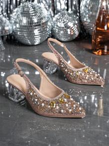 Women's Crystal Pointed Toe Mary Jane Mid-Hollow Series Champagne High Heel Pumps, Suitable For Outings, Parties, Weddings And Other Events