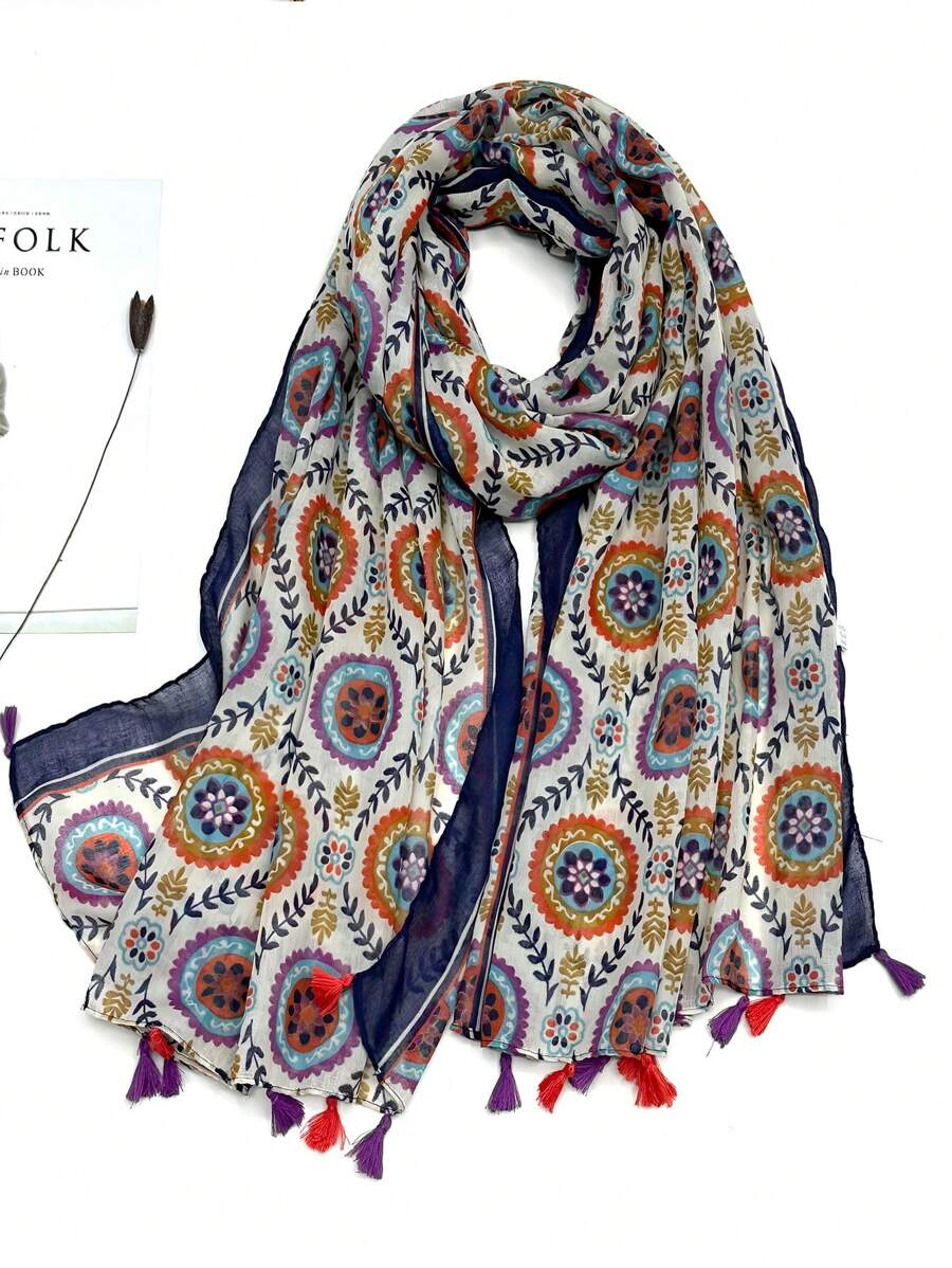 女士简约印花围巾，时尚围巾，新款春夏防晒沙滩披肩，女士披肩 - 彩色 - 查看 1