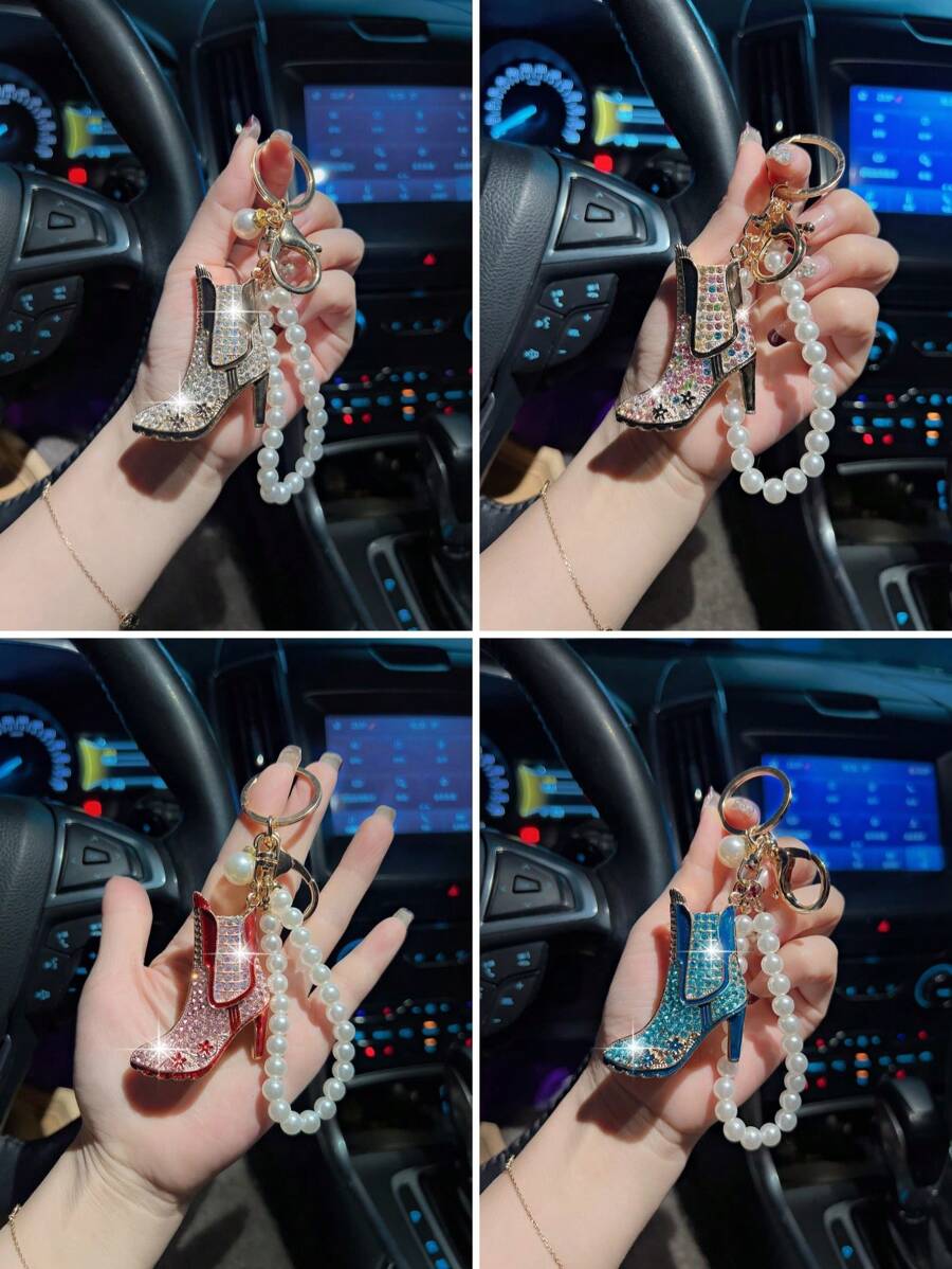 1pc Pearl Chain & Rhinestone Decor High Heel Car Keychain