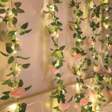 1pc Pink Camelia Artificial Vine Fairy String Lights, Battery Powered, Decorative Lighting For Living Room, Corridor, Bedroom, Staircase, Railing, Wedding, Party, Wreath, Garden, All Seasons [No Battery Included]