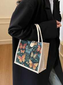 Mini Lunch Bag, Fashionable Floral & Butterfly Print Lunch Tote For Women, Handheld Lunch Box Bag For Commuting, School, Picnic - Multicolor - View 1