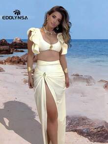 Solid 3 Piece Bikini Sets Sexy Halter Swimsuit Ruffle Cute Swimwear 2025 Summer Beach Vintage Bikini Set