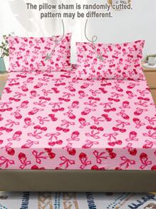 3 件套粉色背景樱桃水果可爱蝴蝶结印花床上用品套装（1 件床笠 + 2 件枕套，无填充物），柔软亲肤的涤纶纤维，适合卧室日常使用，四季皆宜