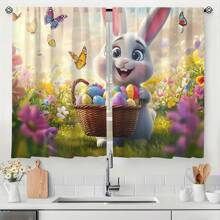 2 Panel 28"X40" Living Room Easter Curtains With Rabbit And Eggs, Home Window Decoration For Easter, Bedroom Flower Filter Curtain With Rod Pocket