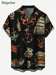 Men's Plus Size Halloween Skull Print Casual Vacation Outdoor Shirts, 3D Digital Printing Polo Collar Chest Pocket Anchor Octopus Shark Art Pattern Holiday Leisure Short Sleeve Shirts