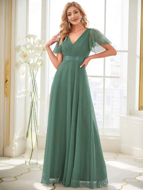 EVER-PRETTY Vestido de dama de honor verde de tul con cuello en V elegante y línea A hasta el tobillo, para invitada de boda