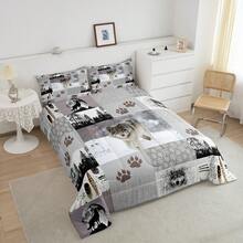 Castle Fairy Wolf Comforter Set Twin/Full/Queen/King Size,Wolf Paws Print Pine Trees Wild Adventure Bedding Set,Women Men Adults Room Decor Geometric Plaids Patchwork Comforter Rustic Bedding Set,Twin Only 1 Pillowcase,Full/Queen/King Size 2 Pillowcases - Grey - View 3