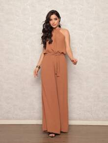 Women's Jumpsuit With Belt And Pocket - 卡其色 - 查看 2