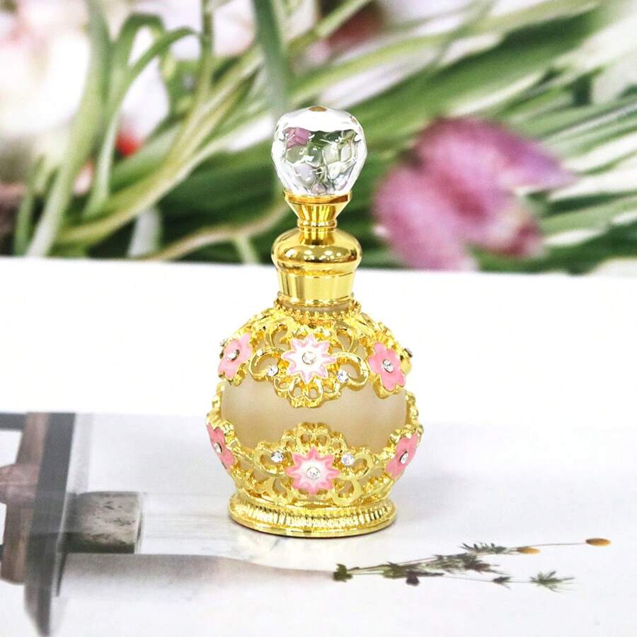 1pc 15ml Exquisite Rhinestone Decorated Perfume Bottle, Sophisticated Crafted Crystal Topped Decorative Essential Oil Dispenser, Ornament Gift For Women, Reusable Portable Home Decor Accessory