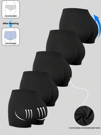 5 piezas Bragas de talla grande para mujeres de color liso minimalista, shorts cómodos y transpirables
