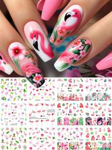 12 pièces d'autocollants pour ongles avec flamants roses, fleurs, feuilles, plumes, jungle tropicale, palmiers, oiseaux et animaux. Décalcomanies d'été pour piscine, fête. Décoration d'ongles par transfert d'eau (sans viscosité)