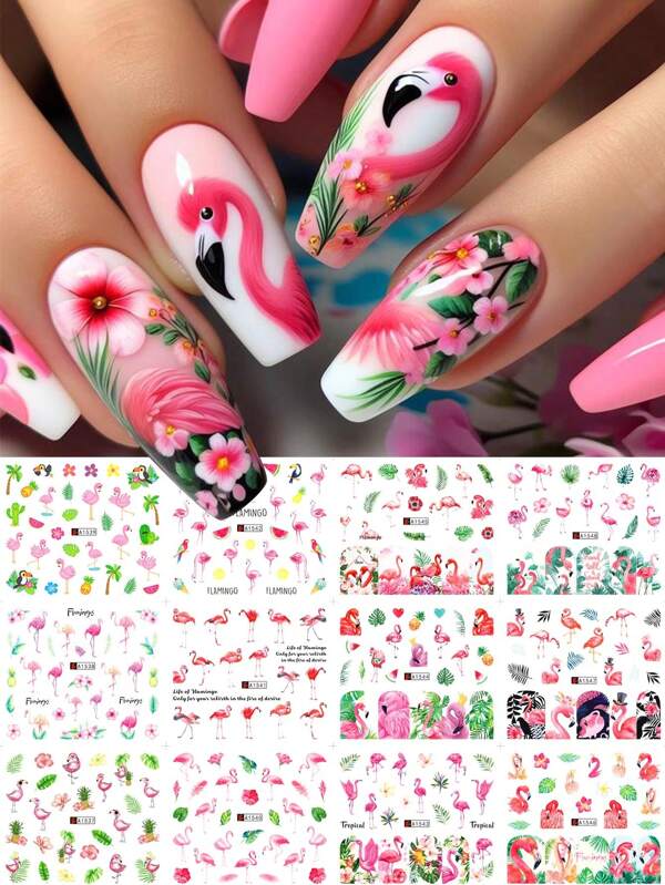 12 Stücke rosa Flamingo Blume Blatt Nagel Aufkleber rosa Feder tropischer Regenwald Palmblatt Tier Aufkleber Sommer Pool Party Wasser Transfer Nagel Slider Charm Nagel Dekoration (ohne Klebkraft)