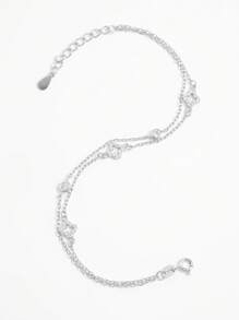 Vaerine 1pc Women's Fashionable Elegant Minimalist Sparkly 925 Silver Zirconia Hollow Double Layer Four-Leaf Clover Five-Petal Flower Design Bracelet, Suitable For Dating, Party, Daily Wear, Charming Gift - One Size - View 3