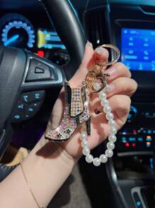 1pc Pearl Chain & Rhinestone Decor High Heel Car Keychain