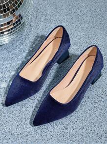 女士高跟鞋，尖头，蓝色绒面革，粗跟，防滑橡胶鞋底，优雅时尚，适合工作和日常休闲穿着 - 藍色 - 查看 3