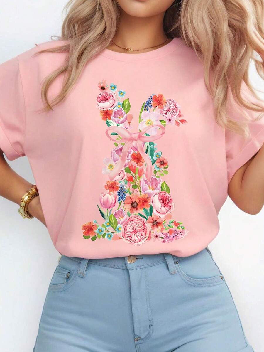 JOYY 复活节兔子水彩花卉图案女士宽松圆领短袖休闲T恤，节日派对礼物，四季皆宜