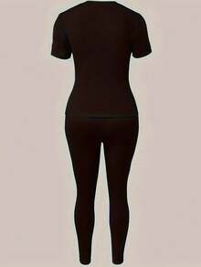 2 件套：休闲巴黎印花短袖圆领 T 恤和紧身裤，女款 - 黑色 - 查看 3