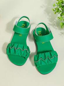 1 Pair Plus Size Green Baby/Toddler Girls Flat Sandals With PU Pleated Straps, Rhinestone Decor, Adjustable Strap Design, Round Toe For 3-16 Years Old Girls, Casual, Vacation, Daily Wear, Spring/Summer 2025