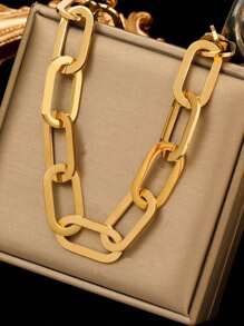 1pc Stainless Steel Thick Chain Layered Necklace, Gold Color Punk Jewelry Gift Suitable For Women And Girls, Daily Wear - Necklace - View 1