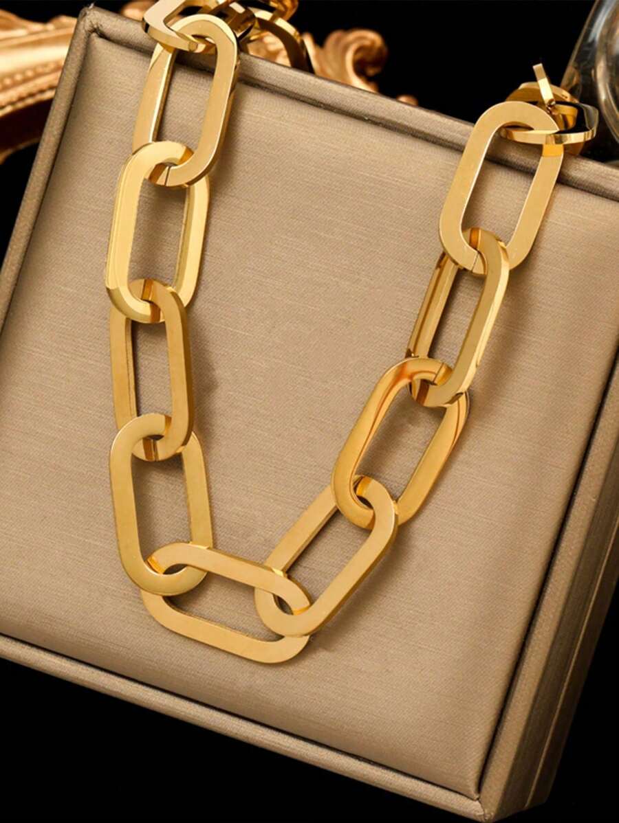 1pc Stainless Steel Thick Chain Layered Necklace, Gold Color Punk Jewelry Gift Suitable For Women And Girls, Daily Wear - Necklace - View 1