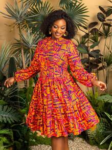 Faeriesty 加上别致的中长连衣裙，小圆领，长喇叭袖，和充满活力的几何印花 - 非常适合热带海滩派对，夏季度假装和度假（轻盈和不分季节的设计）夏季连衣裙春季服装 - 橘色 - 查看 8