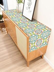 1 pieza Camino de mesa de lino con estampado floral geométrico bohemio pintado a mano, adecuado para días festivos, fiestas, cumpleaños, cenas, decoración de mesa de comedor, cocina, gabinete, decoración de habitación para todas las estaciones