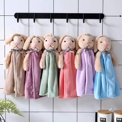 半包珊瑚绒挂式手巾，适用于浴室和厨房，超柔软兔子图案，超强吸水装饰手巾，清洁布，洗碗巾