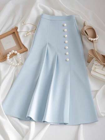Women's Blue Faux Pearl Embellished Mermaid Skirt