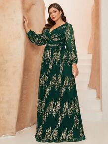 Mgiacy Plus Size Dark Green New Arrival V Neck Elegant Ball Dress Toothpick Pleat Lantern Sleeve Sequin Long Dress - Dark Green - View 5