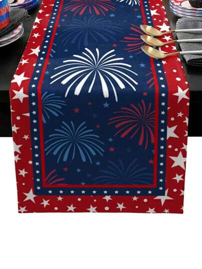 Patriotic July 4th Table Runner - Stars And Fireworks Pattern, Linen Blended Fabric, Suitable For Independence Day And Memorial Day Decoration, Available In Multiple Sizes