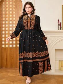 DEARCASE Plus Size V-Neck Long Sleeve Printed Minimalist Midi Dress - Multicolor - View 3