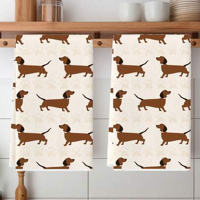 Bộ 2 khăn bếp chủ đề chó, tạo không khí ấm cúng, thích hợp làm quà tặng, dùng trong các buổi họp mặt gia đình, có thể tùy chỉnh, với họa tiết chó Dachshund. Khăn tắm cũng có sẵn.