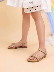Girls Sandals Classic Open Toe Braided Flat Sandals Summer Dress Shoes - Gold - View 3
